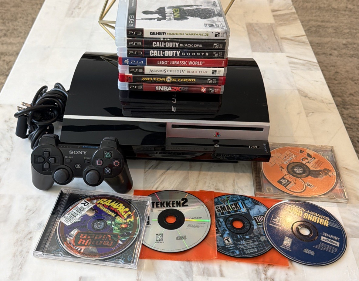 Sony PlayStation 3 PS3 Fat 160GB Black Console CECHP01 12 Games PS1 Compatible
