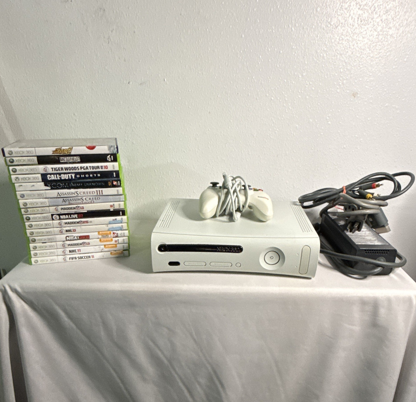 Xbox 360 White Console w/ Wired Controller, Cords & 15 Games Tested!