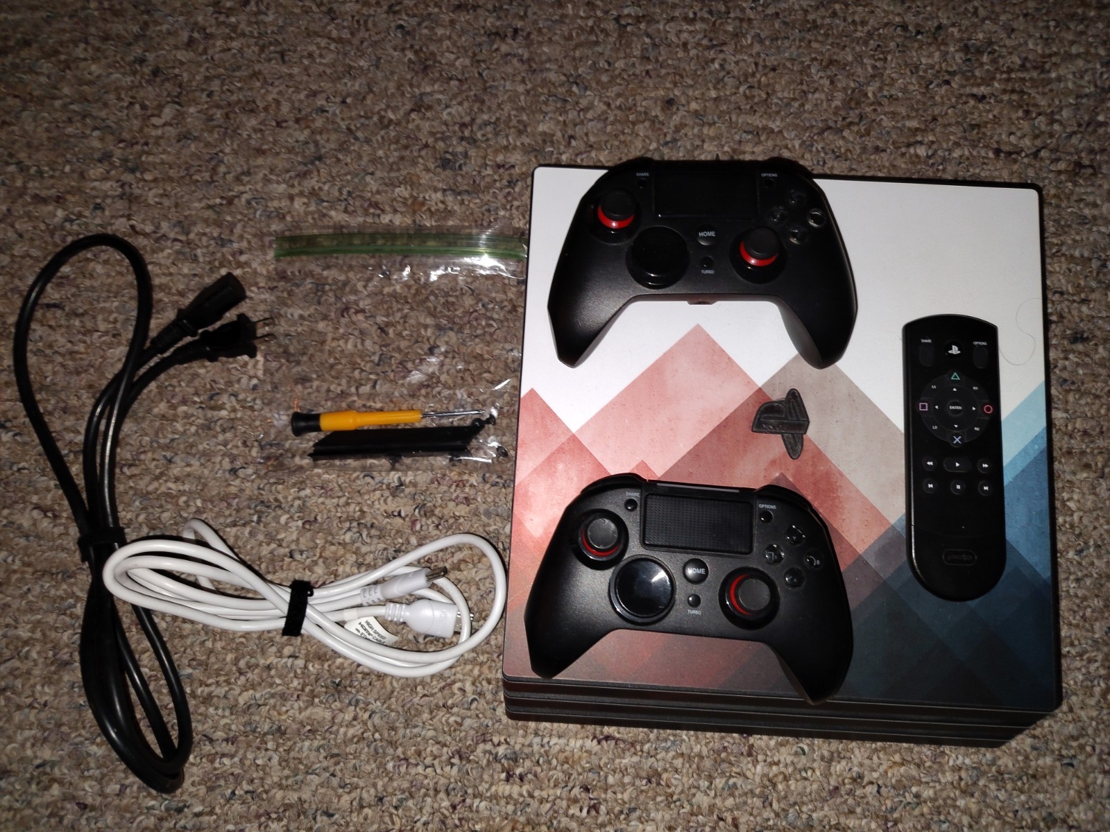 PS4 Pro Console Bundle – Tested – No HDD – 2 Controllers, Remote, HDMI