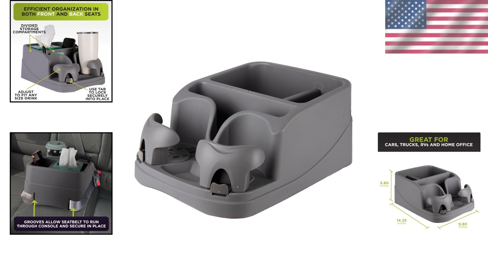GO GEAR Charcoal Console – Versatile Car Organizer with Adjustable Drink Holders