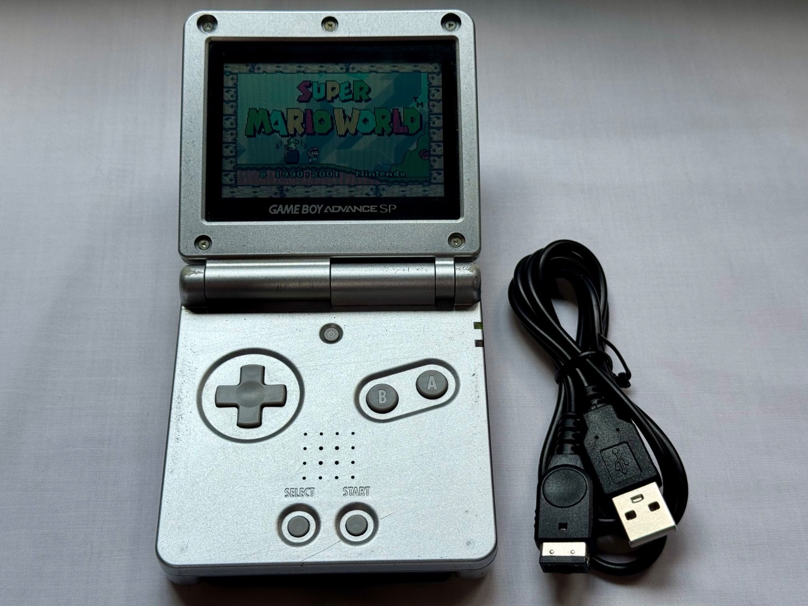Nintendo Gameboy Advance SP AGS001 Metal Silver Handheld w/ USB Cable & Battery