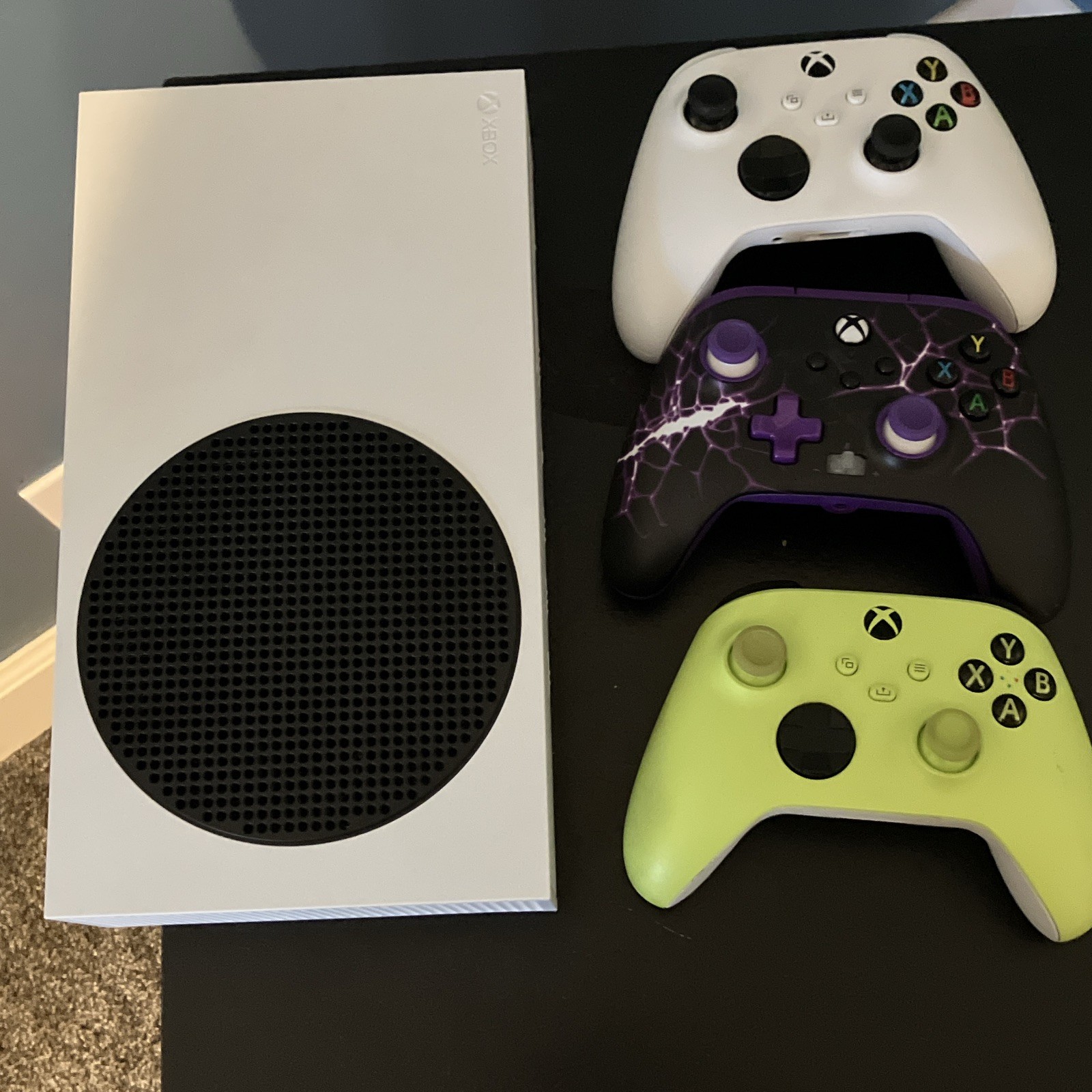 Microsoft Xbox Series S Console with 3 Controllers (White, Purple, Green)