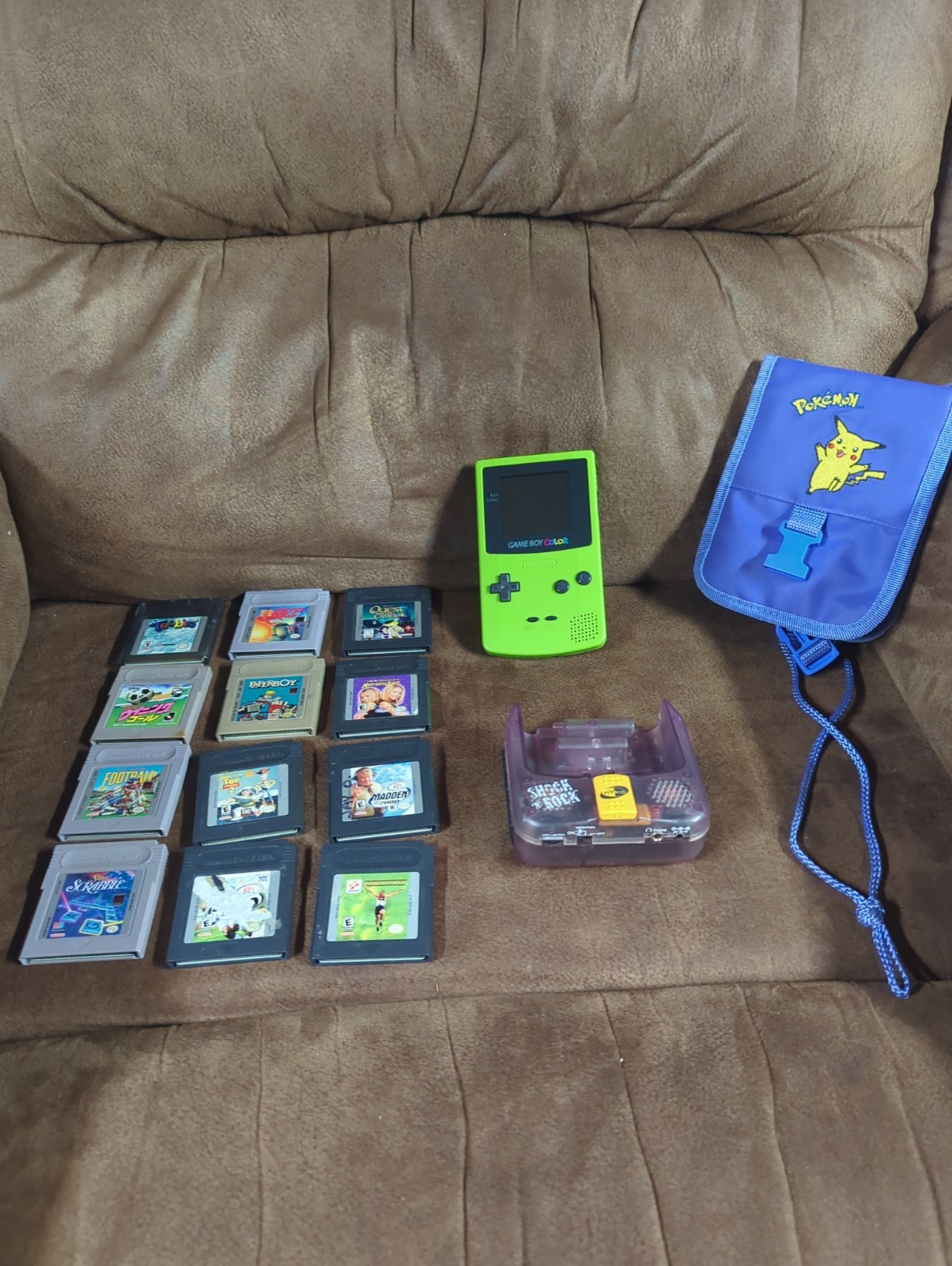 Nintendo GameBoy Color Kiwi Green 12 Games Bundle Case And Shock And Rock