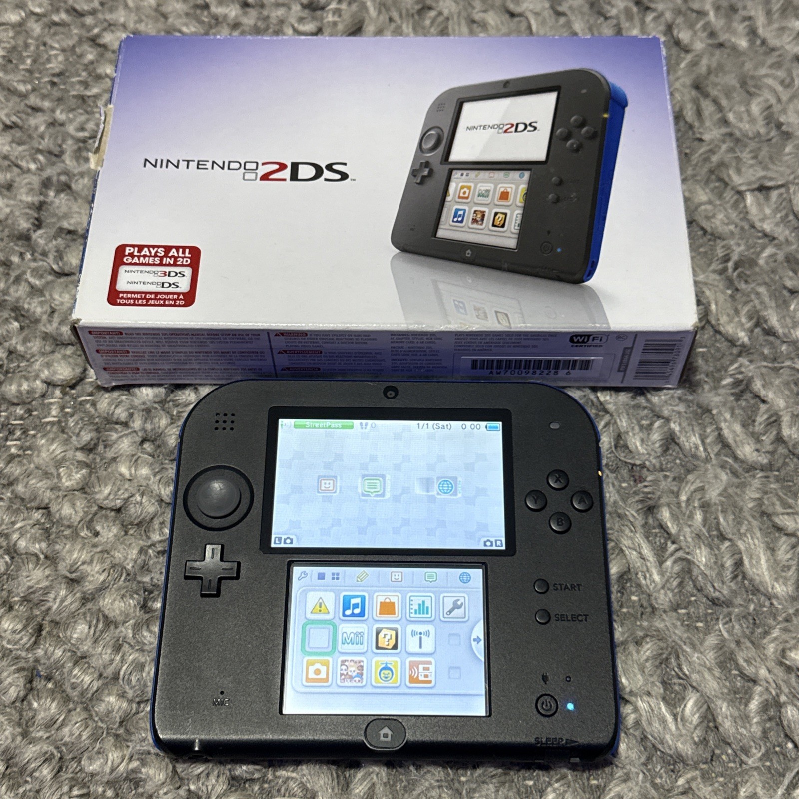 2013 Nintendo 2DS Electric Blue System; Works w/Box & Charger, Early Firmware