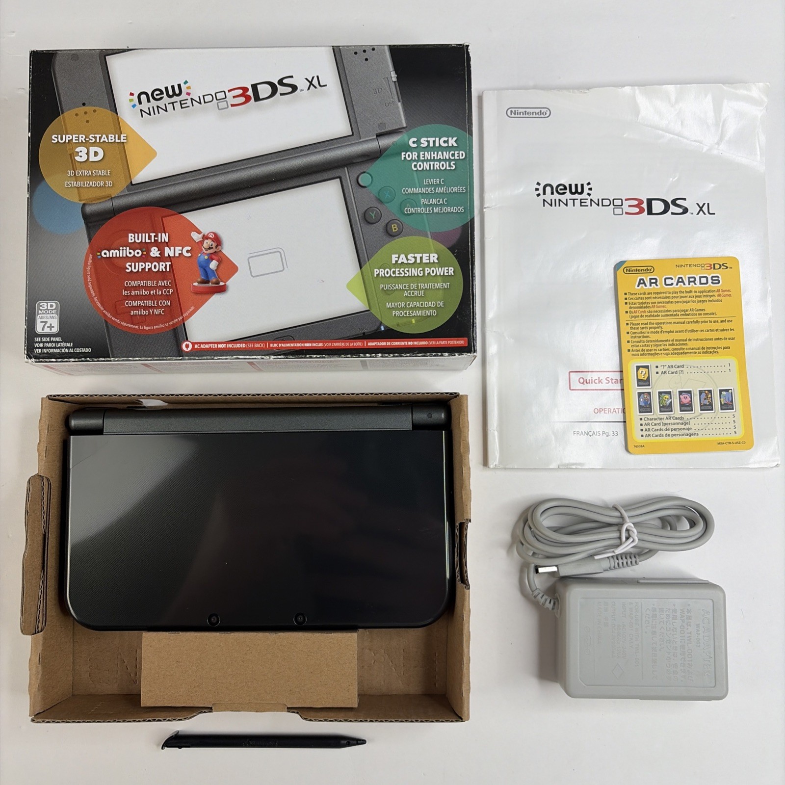 NICE! Nintendo New 3DS XL Black Complete Box W Charger Stylus US Model Top IPS