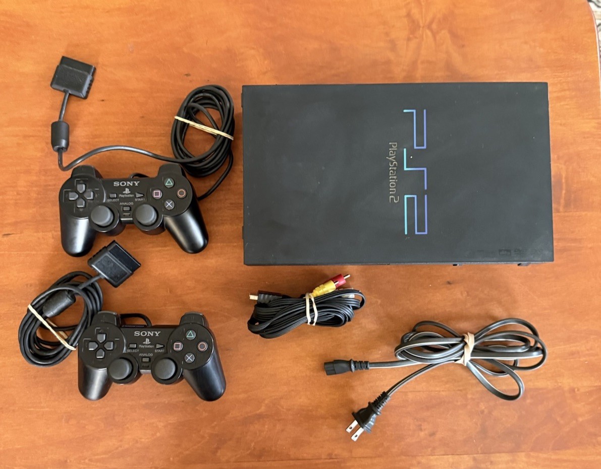 PlayStation 2 Black Fat Console SCPH-35001 Bundle w/ 2 Oem Controllers & Tested