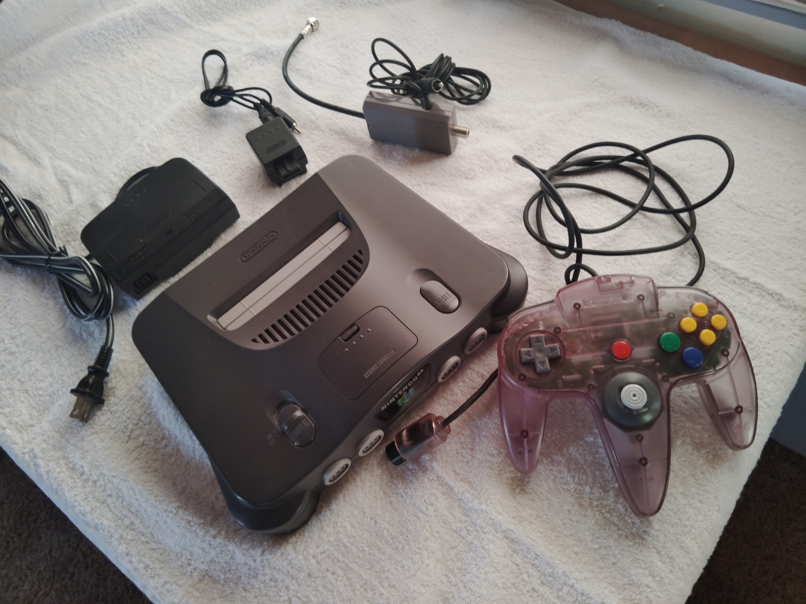 Nintendo 64 Gray Console with Purple Controller and Cables
