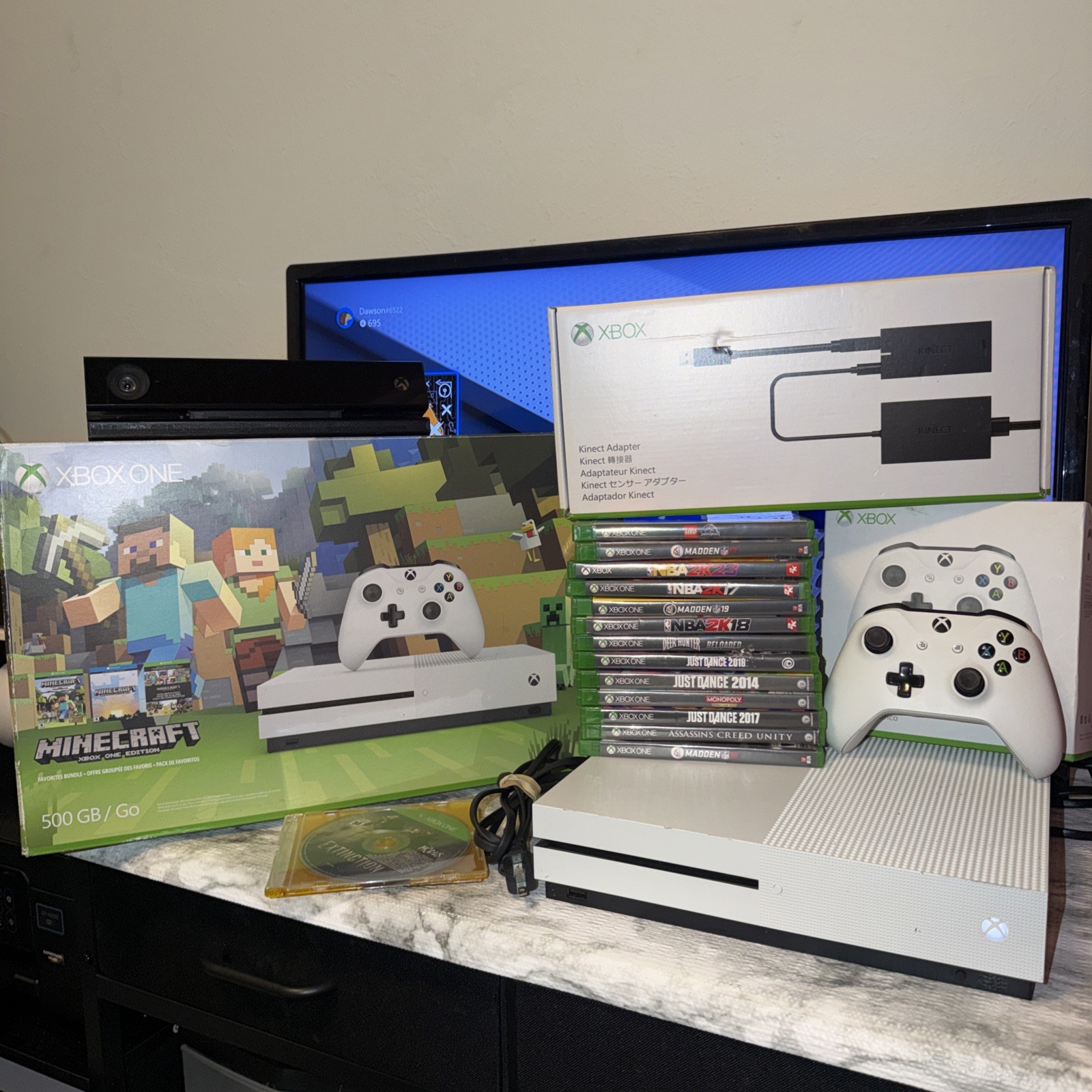 Microsoft Xbox One S Minecraft 1TB White Bundle w/ 15 Games + Kinect / Adapter