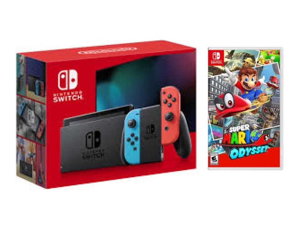 NEW Nintendo Switch Neon Blue and Red Joy-Cons Bundle with Super Mario Odyssey