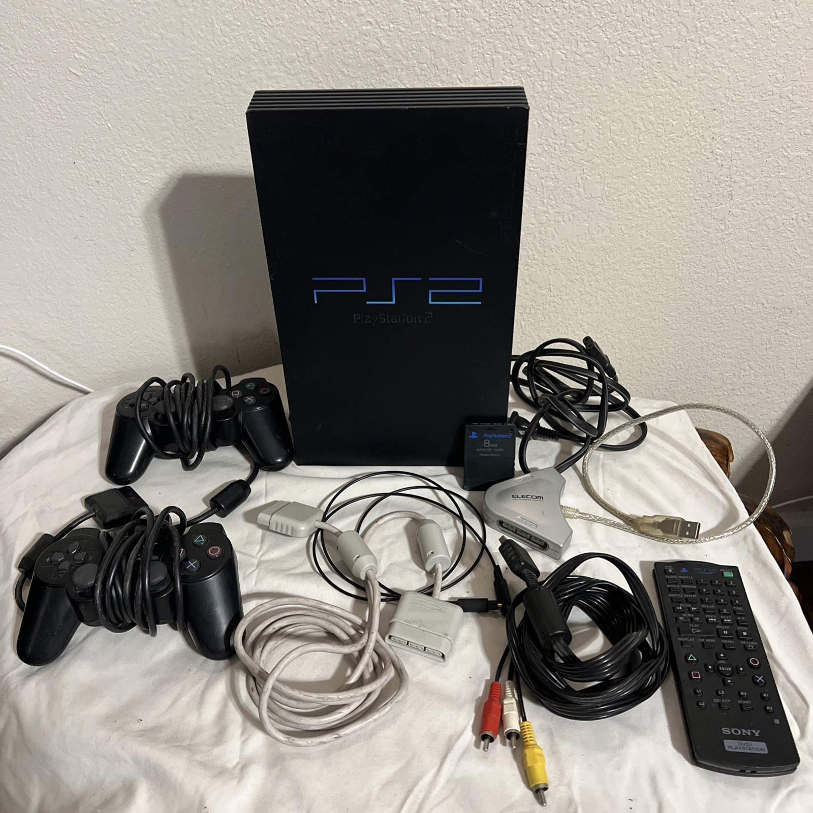 Sony PlayStation 2 PS2 Fat Console 2 Controllers,Memory Card Cords, error disc.