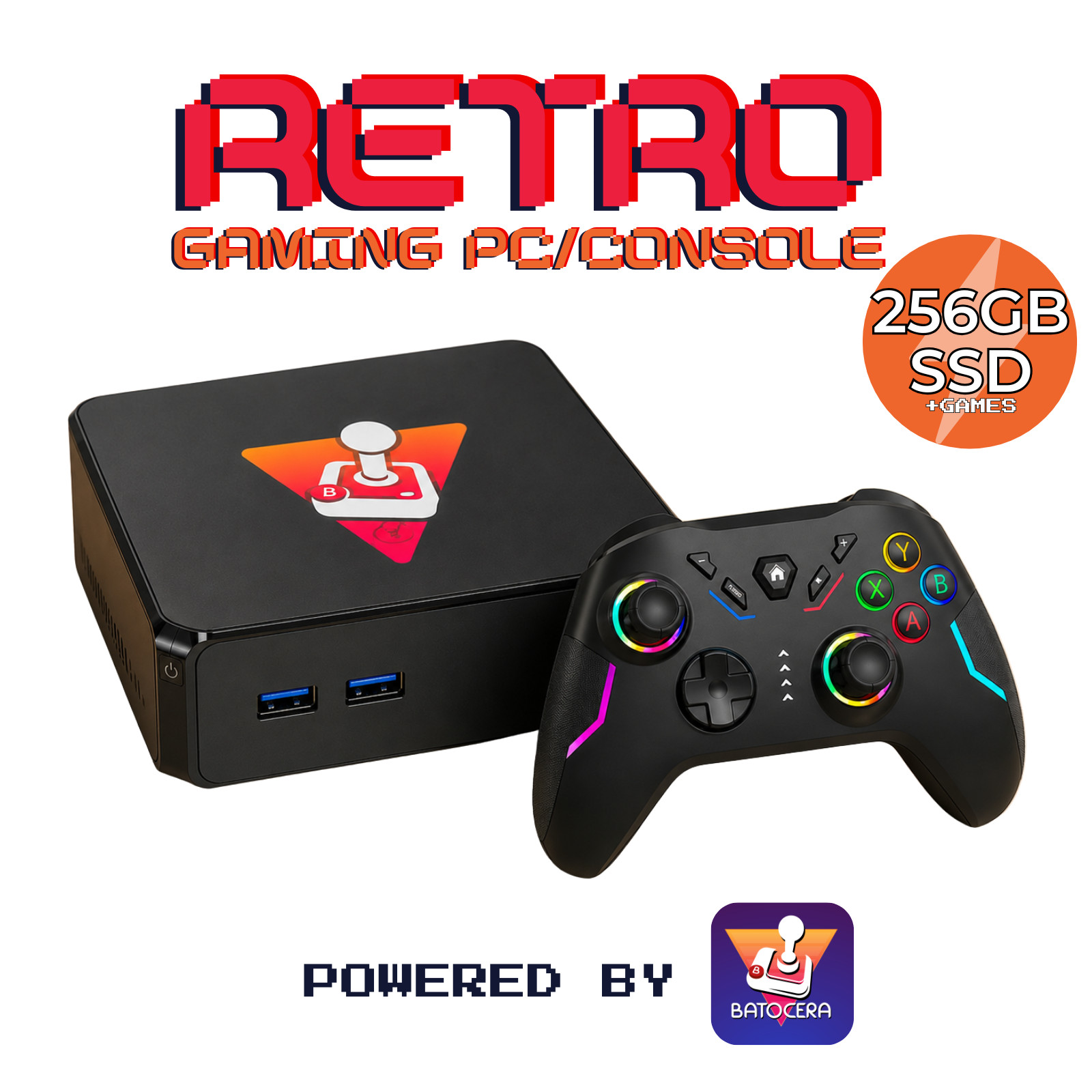 Retro Gaming Console Mini PC Batocera 256GB SSD 10GB RAM Emulator + Controller