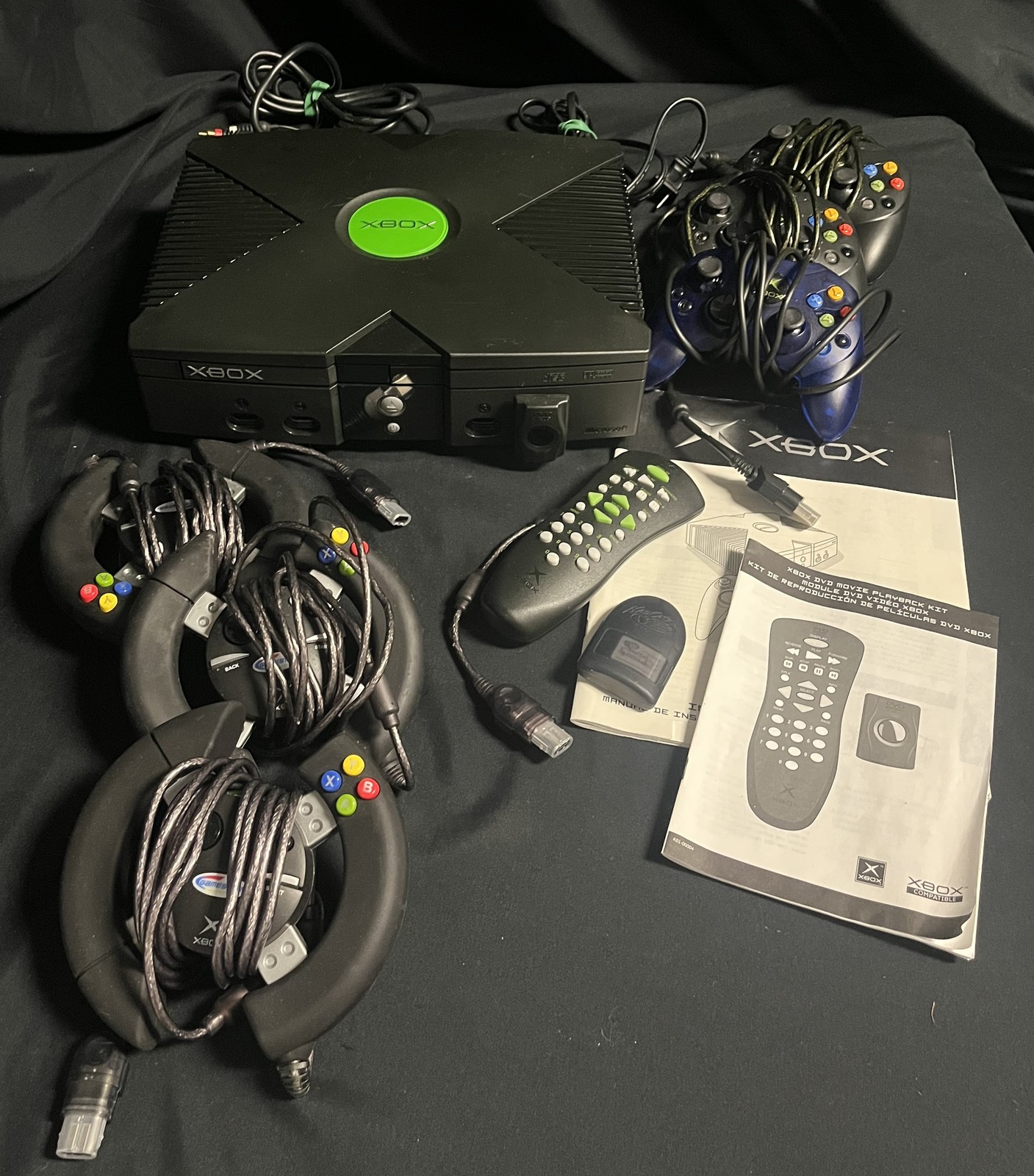 Microsoft XBox Bundle w/ Console, Regular and Wheel Controllers, Remote