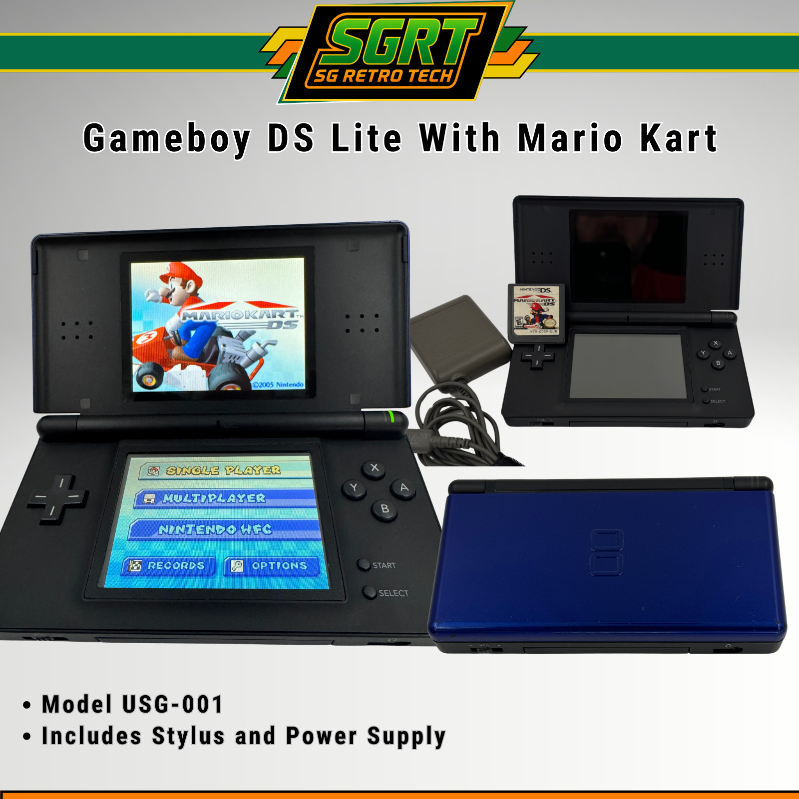 Nintendo DS Lite Cobalt Blue Black Console Bundle Charger Stylus Mario Kart DS