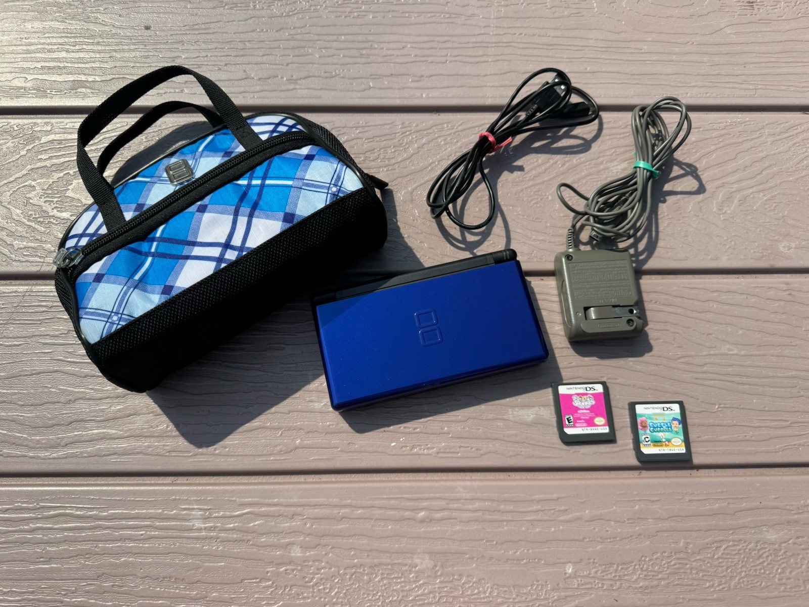 Nintendo DS Lite Gloss Jet Blue Handheld System Bundle Charger Game Stylus Case