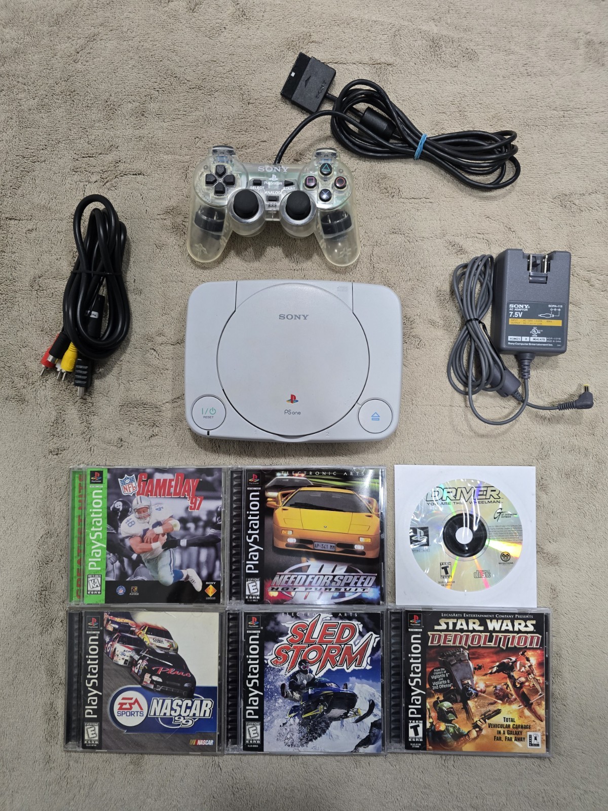 Sony PSone PS1 Console Bundle, Controller, Cables & 6 Games, Driver, NFS etc.