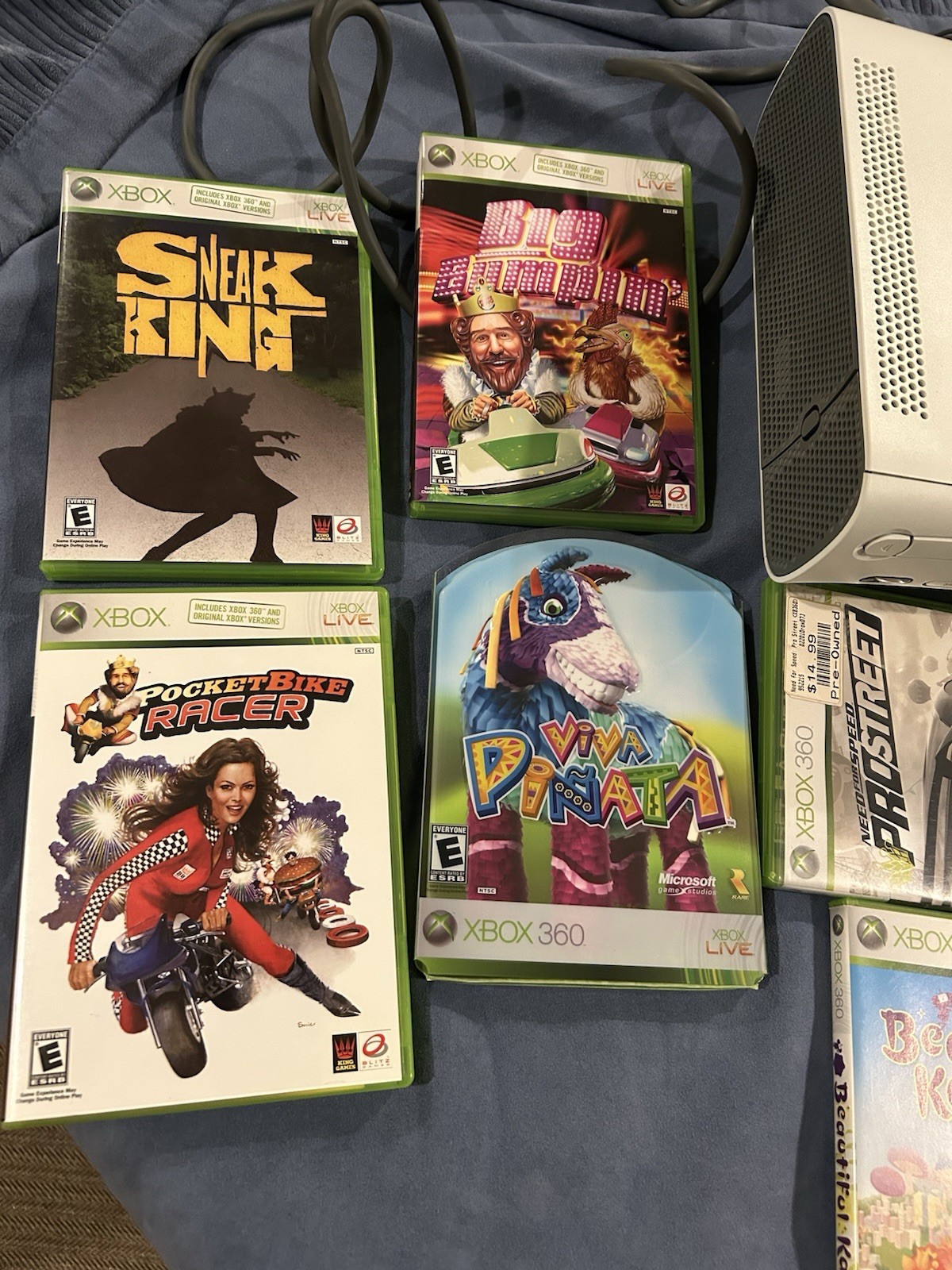 XBOX 360 CONSOLE AS IS FOR PARTS, bundle – 2 Controllers, 64MB, PS, cable, 8 dis
