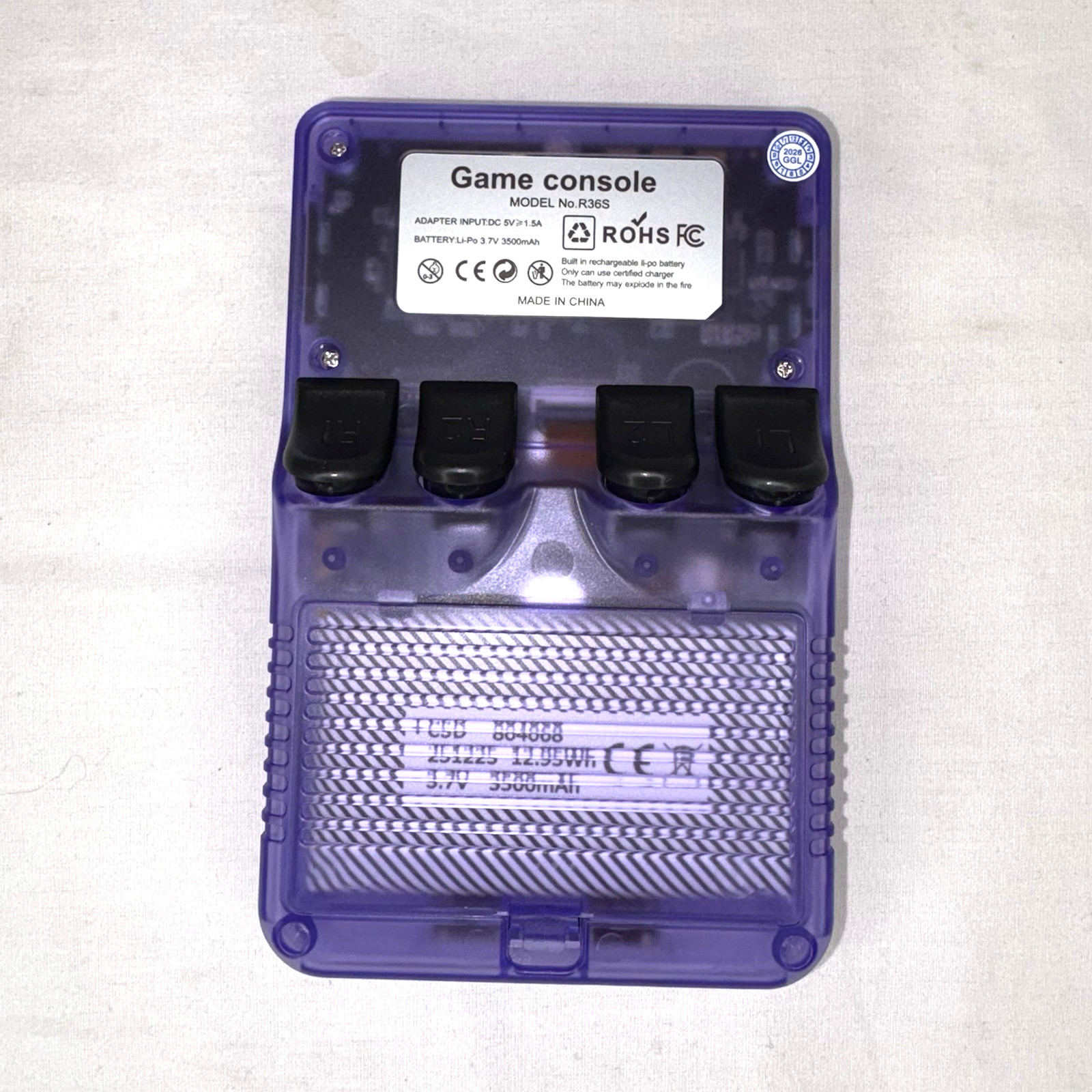 R36S Retro Handheld Game Console Clear Purple Travel Portable