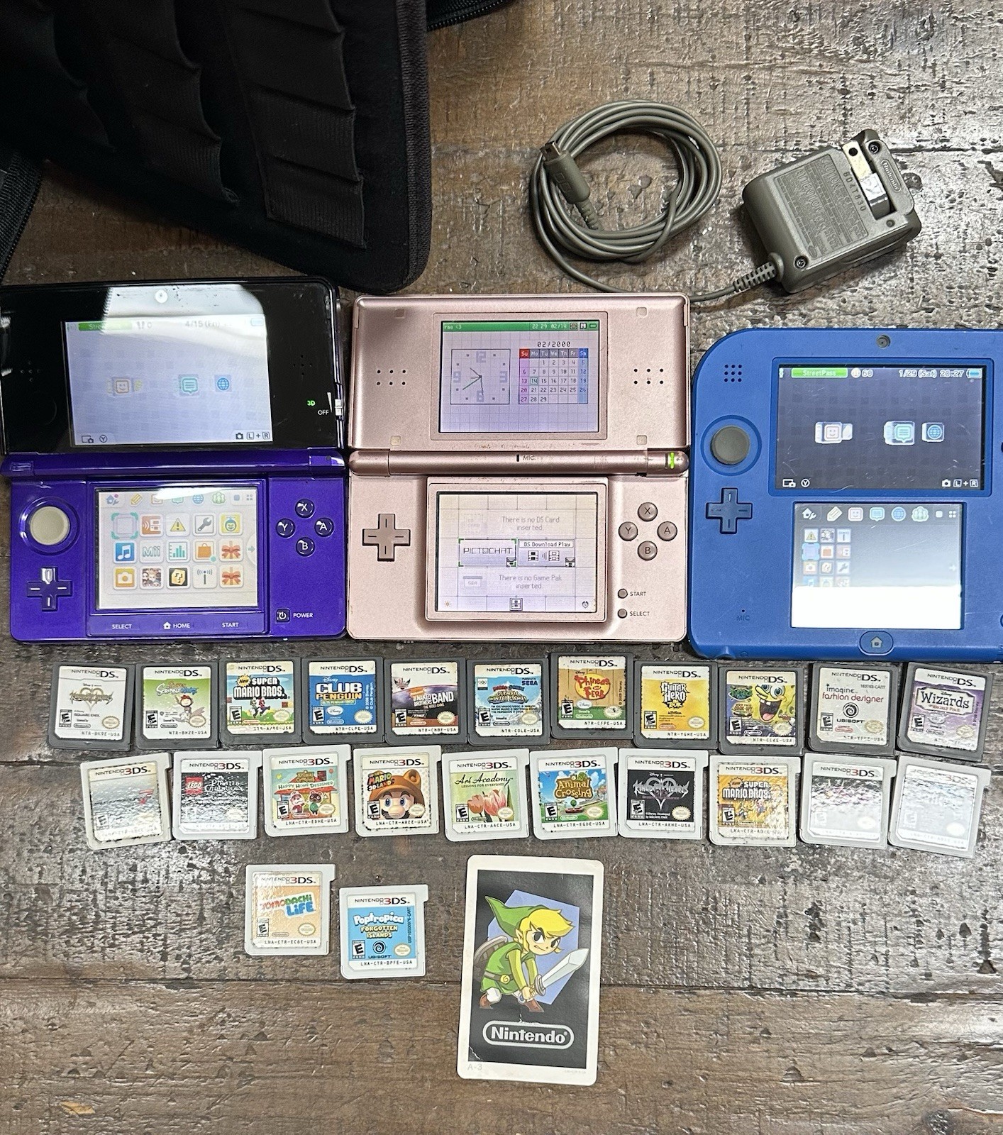 Nintendo 3DS Lot 3 Systems 23 Games Zelda Mario Kart DS 2DS Charger Case