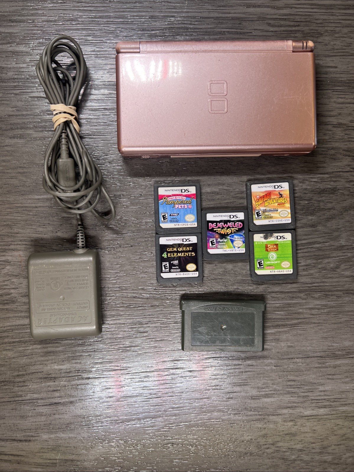 Nintendo DS Lite Metallic Rose Pink Console W/6 Games & Charger Tested