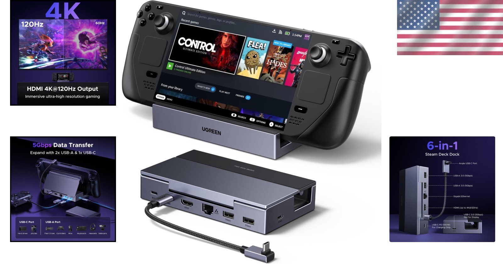 Portable Steam Deck Dock: 4K@120Hz HDMI, USB-A, USB-C & Gigabit Ethernet=