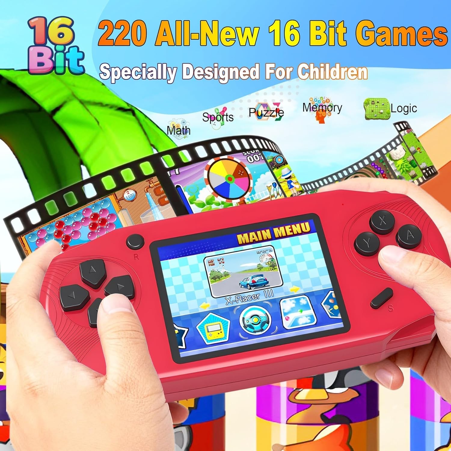 Portable 16-Bit Gaming Player for Kids – 220 Fun Games with Shatterproof Design