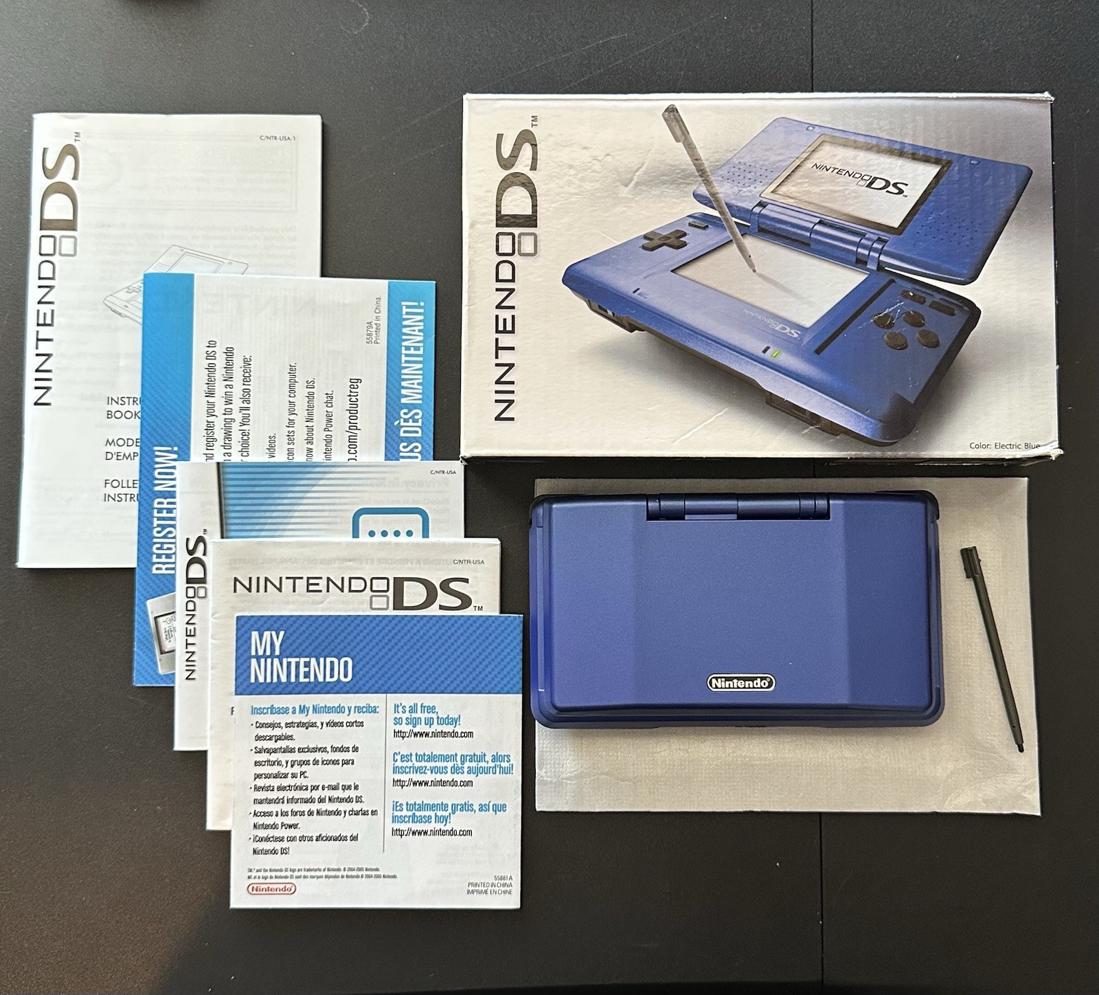 CIB Electric Blue Nintendo DS Handheld Console System Inserts Box Manual Stylus
