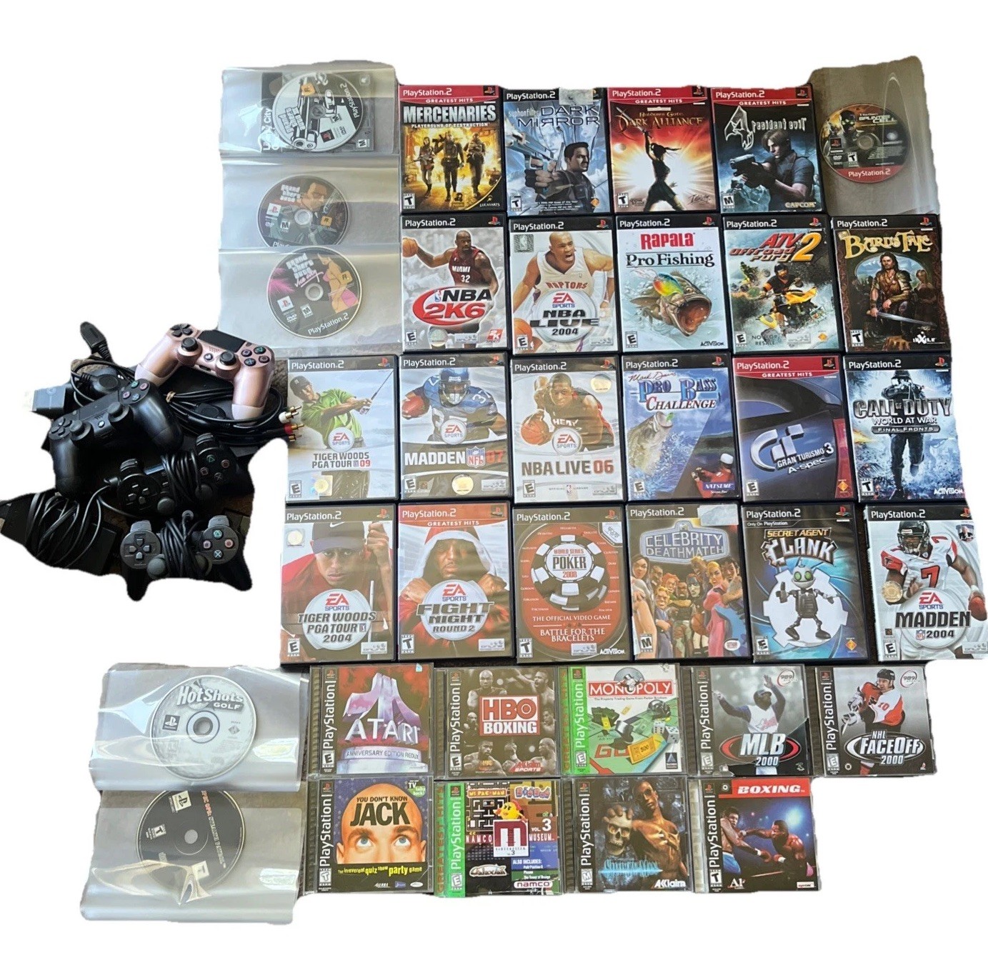 Bundle PS2 SCPH-77001 Slimline Controllers, Cords, 25 PS2 , 11 PS1 Game