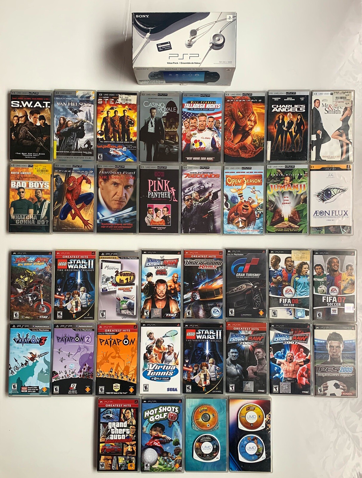SONY PSP 1001K LOT OF 39 games movies
