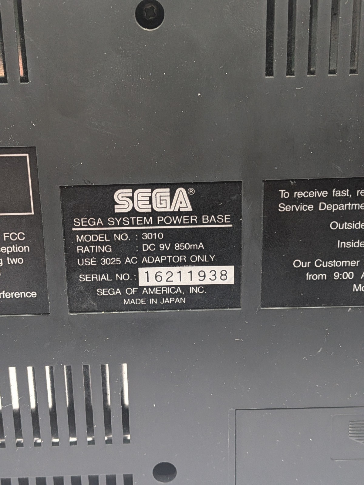 Sega Master System Console With Hook Ups – Model 3010 – Working No Controller