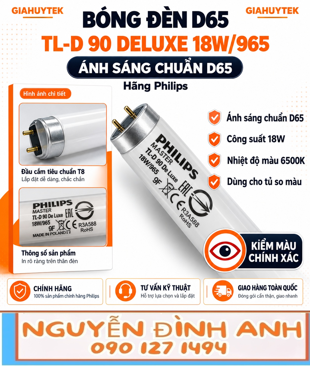 BÓNG ĐÈN D65 TL-D 90 DELUXE 18W965 (1) Bóng đèn D65 Philips TL-D 90 De Luxe 18W/965 cho tủ so màu