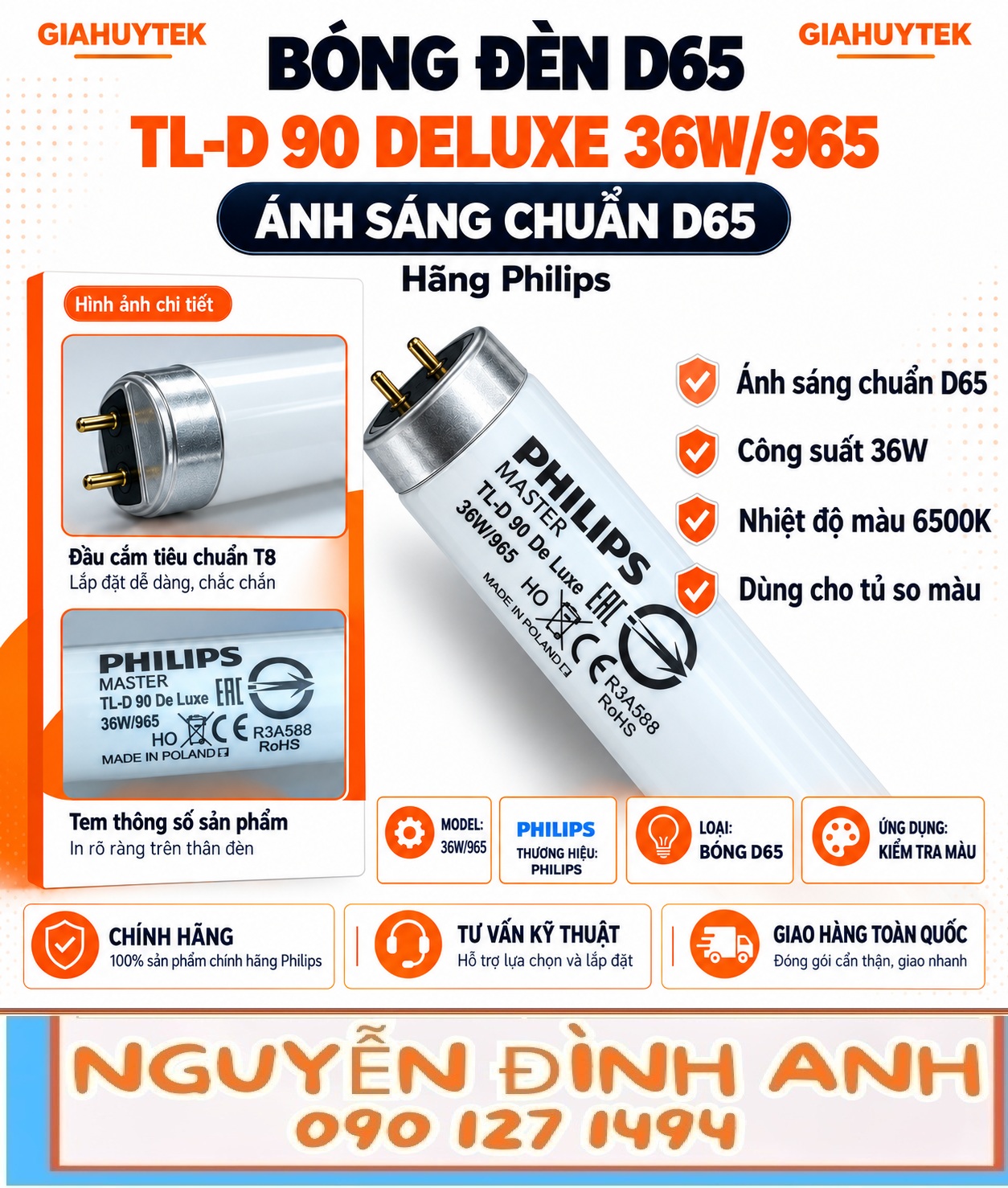 Bóng đèn D65 Philips TL-D 90 Deluxe 36W965 (1) Bóng đèn D65 Philips TL-D 90 De Luxe 36W/965 cho tủ so màu